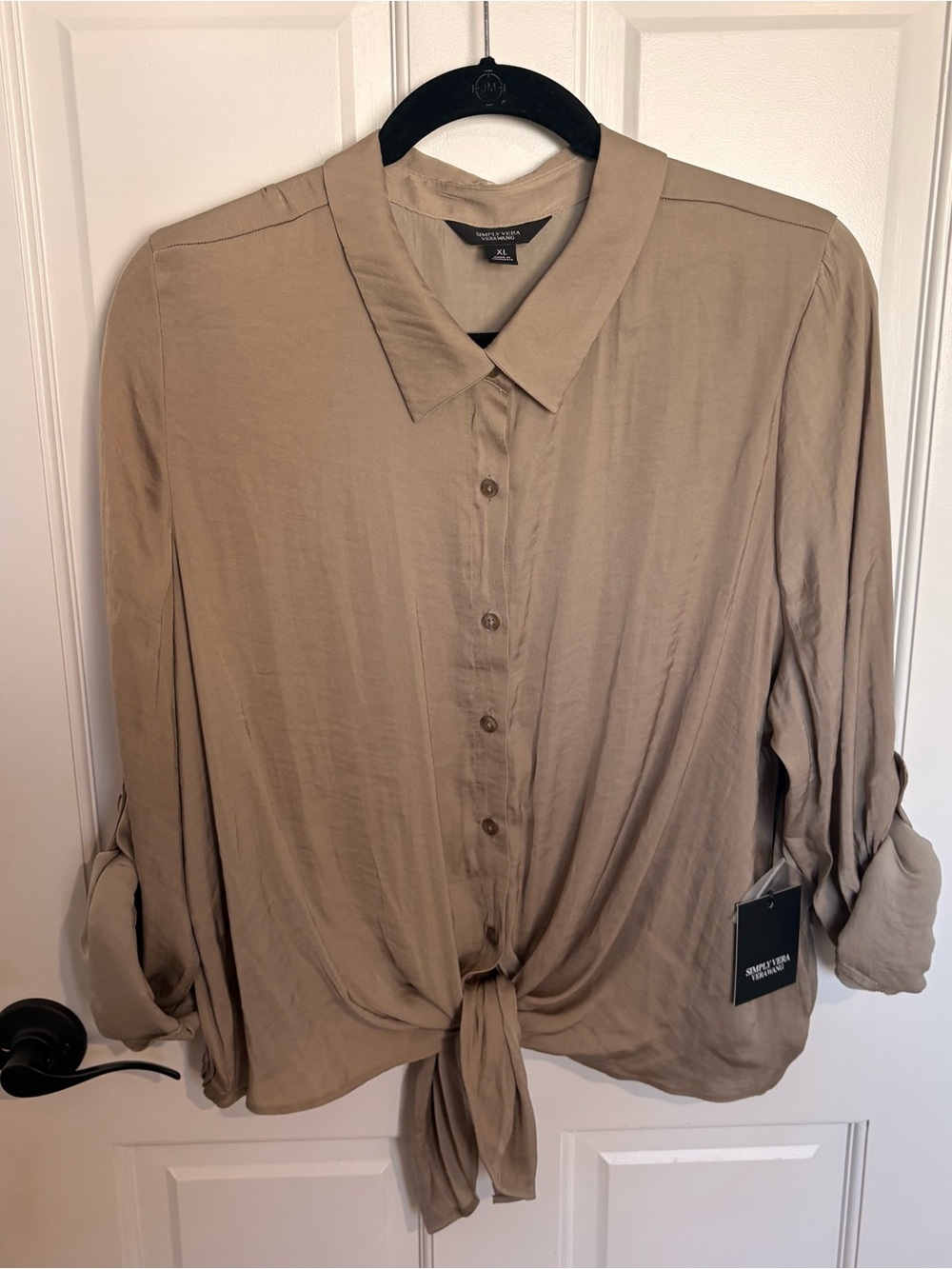 Vera Wang Button Down Collared Tie front Blouse Adjustable length Sleeves